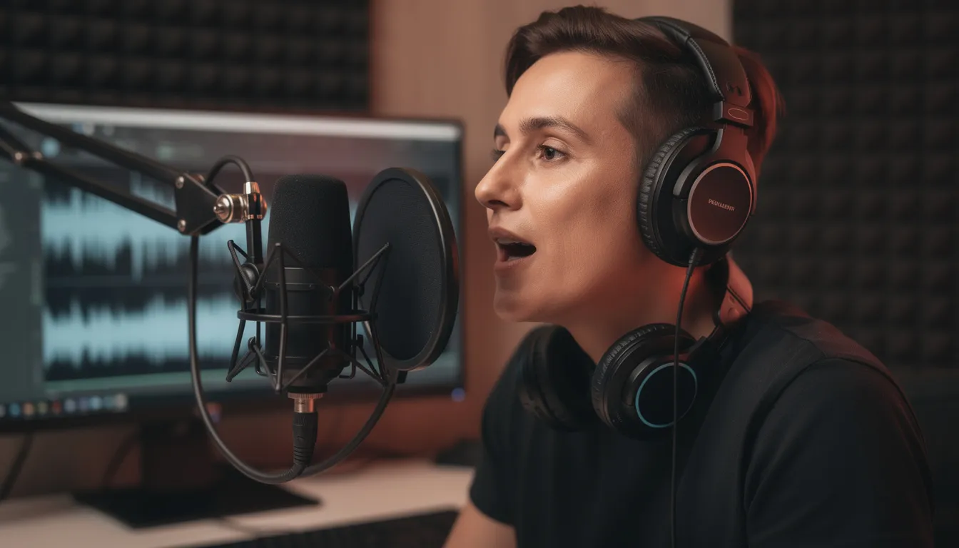 A person is speaking into a microphone, likely engaged in a podcast or live audio session, sharing insights on social media marketing strategies to increase Twitter followers and enhance brand presence. The setting suggests a focus on creating engaging content that resonates with the target audience.