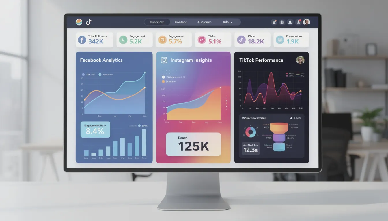The image depicts a comprehensive social media marketing dashboard showcasing various platform analytics and engagement metrics, highlighting key performance indicators for digital marketing strategies. It includes visual representations of data from multiple social media accounts, aiding marketing experts in optimizing their campaigns and enhancing their online presence.