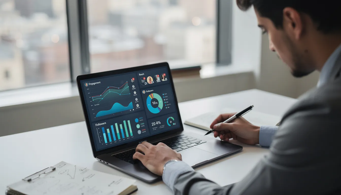 A person is focused on analyzing social media data on a laptop, where charts and graphs related to twitter impressions and engagement metrics are clearly visible on the screen. The analysis aims to help increase impressions and follower count by understanding the target audience and optimizing posting strategies.