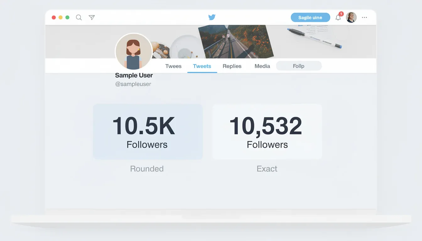 The image displays a Twitter profile interface, highlighting a rounded follower count compared to the exact numbers. It illustrates the differences in how Twitter users can view their follower stats, providing insights into their account's performance and follower growth.