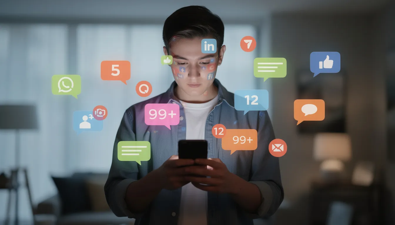 A person is intently looking at their smartphone, surrounded by floating social media notifications that include updates from their twitter account and alerts about new followers. This scene captures the essence of engaging with other users on various social media platforms, highlighting the importance of connecting and staying relevant in the digital world.