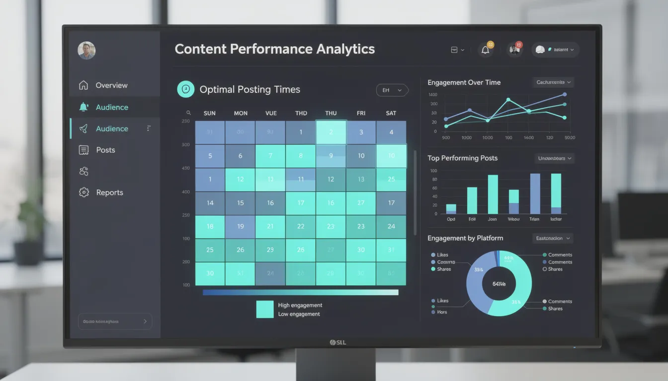 The image displays an analytics dashboard designed for a Twitter account, showcasing optimal posting times and engagement patterns for users. It features graphs and charts that help individuals understand when to tweet for maximum interaction with their audience on the social media platform.
