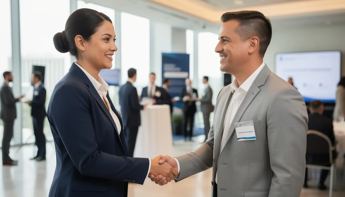 The image depicts two professionals shaking hands in a networking setting, symbolizing the importance of building relationships and engaging with industry leaders. This interaction can lead to increased impressions on Twitter and other social media platforms, enhancing their reach and follower count.