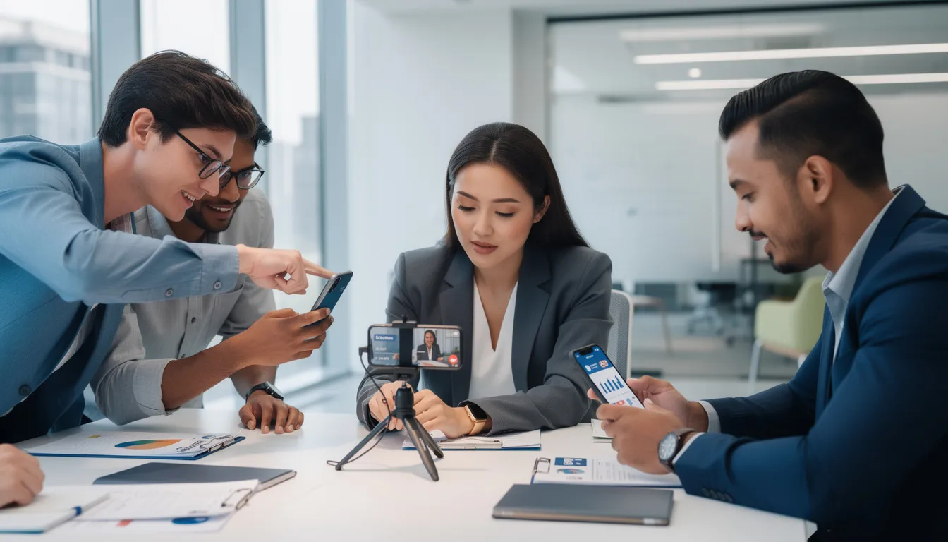 The image features a group of business professionals engaged in a discussion while using mobile devices to enhance their social media marketing efforts. They appear to be strategizing on their Twitter marketing campaigns, focusing on customer engagement and brand visibility to effectively reach their target audience.