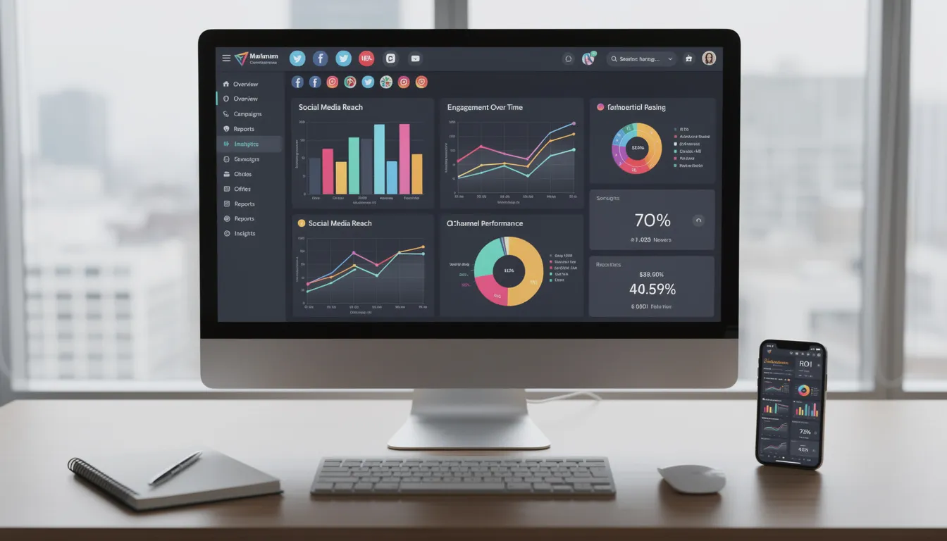 The image features a marketing analytics dashboard displayed on a computer screen, showcasing various social media metrics and ROI calculations essential for digital marketing strategies. It highlights the importance of social media presence and influencer marketing in driving ecommerce growth and enhancing marketing campaigns.