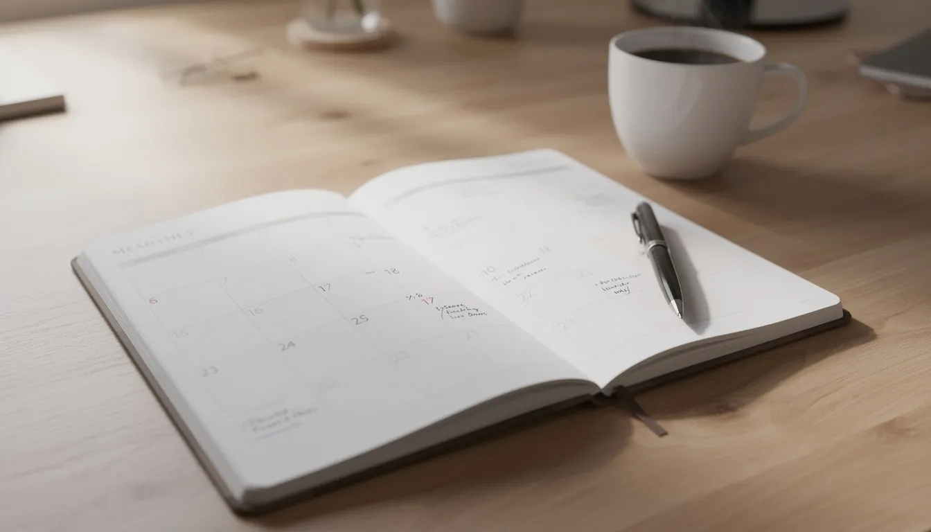 An open monthly planner sits on a desk, accompanied by a pen and a steaming coffee cup, creating a cozy workspace atmosphere. This setup invites productivity and organization, essential for managing social media strategies and increasing engagement metrics on platforms like Twitter.