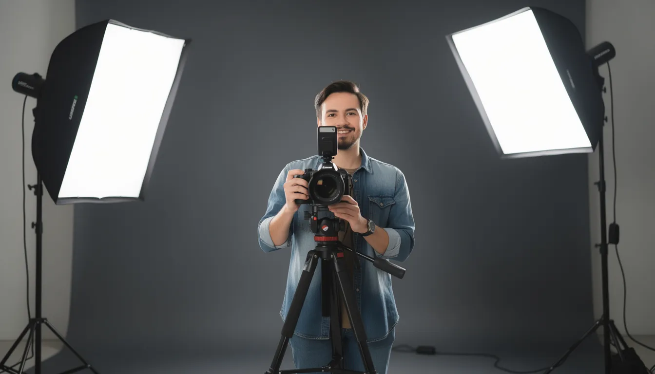 The image depicts a person actively recording a video with a professional lighting setup, showcasing their dedication to creating great content for their social media presence. This setup suggests a focus on quality, likely aimed at engaging their audience and boosting follower count on platforms like Twitter and Instagram.