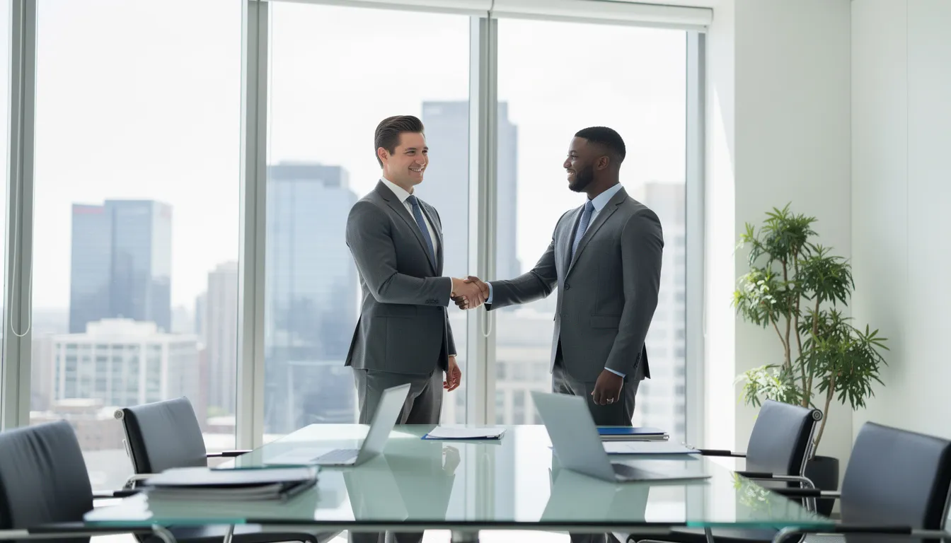 The image depicts two professional individuals shaking hands in a modern office environment, symbolizing a successful business agreement or collaboration. This scene reflects the importance of building connections and engaging with others in the professional world, akin to how users interact on social media platforms like Twitter to grow their follower count and enhance their social media presence.