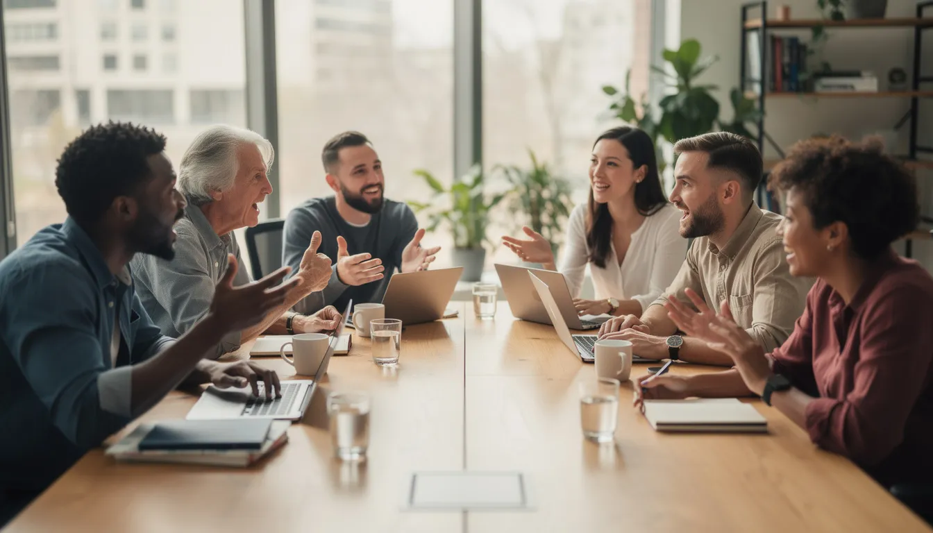 The image shows a diverse group of people engaged in an animated discussion around a table, likely brainstorming content ideas and strategies for boosting their social media presence. Their lively interaction suggests a focus on creating great content and engaging with their audience on platforms like Twitter and Instagram.