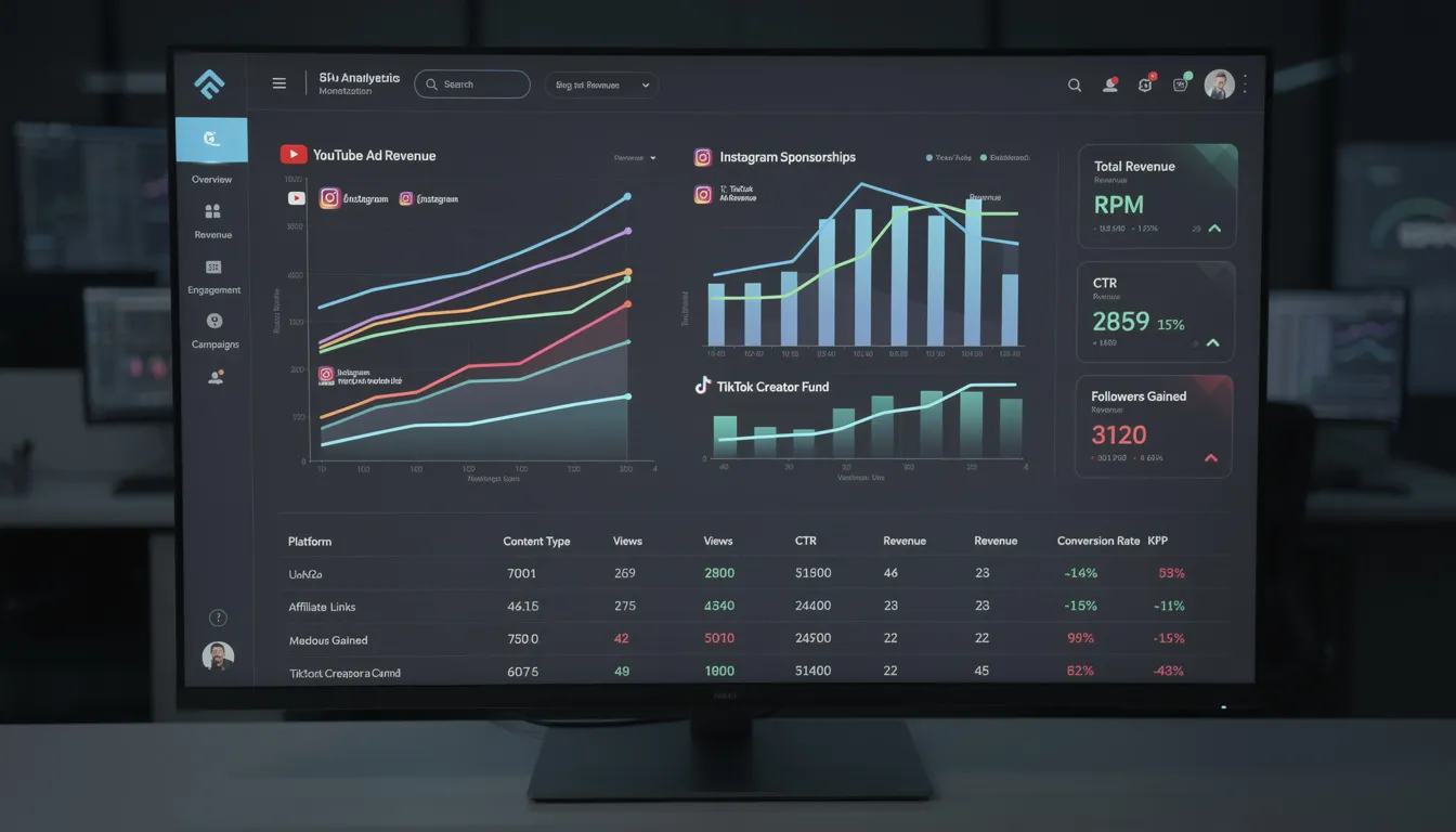 The image depicts a business dashboard showcasing various revenue streams from social media monetization, including graphs and performance metrics highlighting ad revenue generated from sponsored posts and exclusive content. This visual representation emphasizes the potential for creators to earn money on Twitter through effective social media marketing and engaging content strategies.