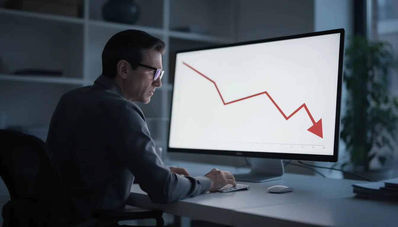 A frustrated person is staring at a computer screen displaying a declining graph, symbolizing a drop in their social media presence and follower count. This image captures the challenges users face when trying to grow their Twitter account and engage their audience effectively.