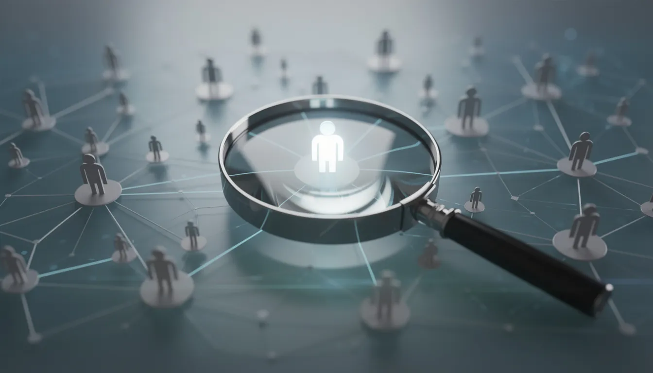 A magnifying glass hovers over a network of interconnected icons representing people, symbolizing the exploration of Twitter followers and accounts. This image illustrates the concept of searching for valuable insights within the Twitter community and analyzing follower counts.