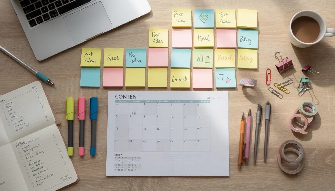 A colorful content calendar filled with sticky notes and various planning materials is displayed on a desk, suggesting an organized approach to managing social media posts. This setup could be used to strategize for increasing Twitter impressions and engaging effectively with the target audience.