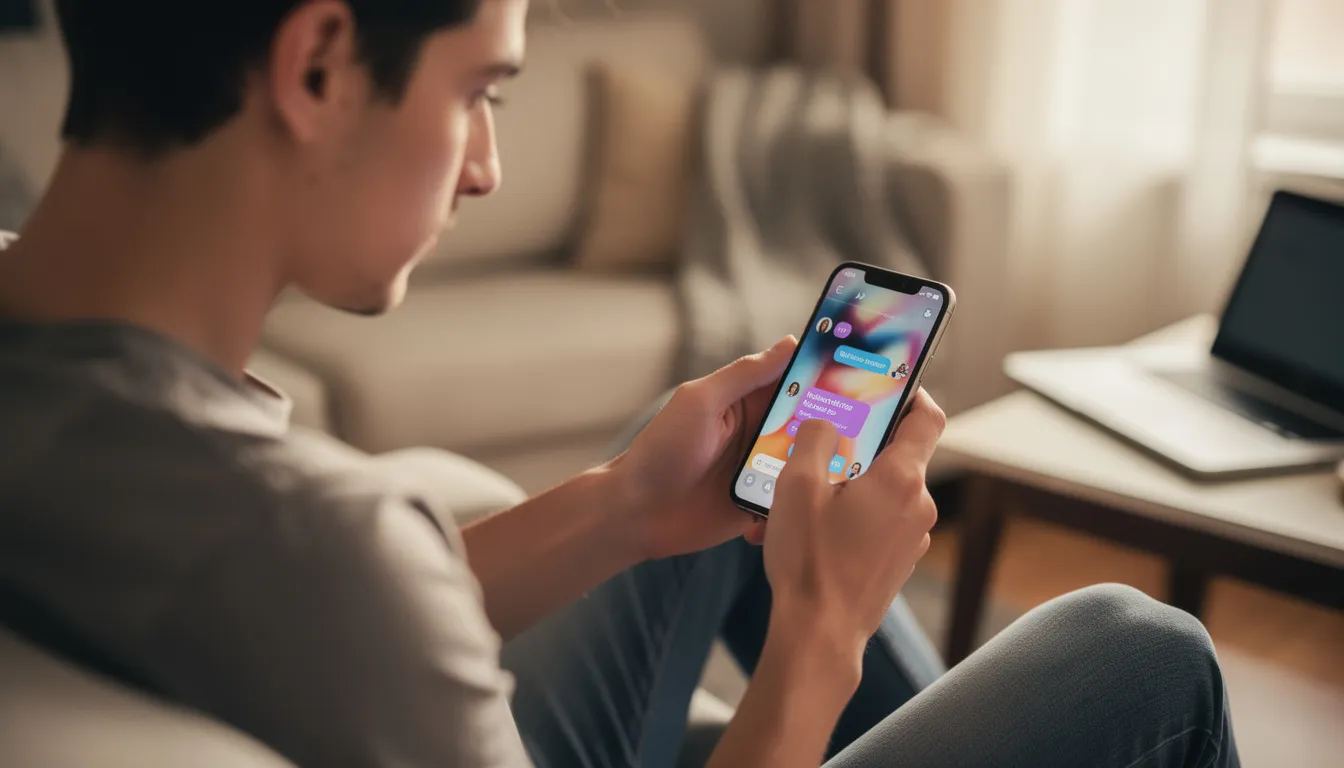 A person is using a smartphone to send direct messages on social media, navigating through the messages tab to tap the message icon and initiate a private conversation. The user appears focused on their device, possibly composing a new message or checking incoming messages in their direct message inbox.