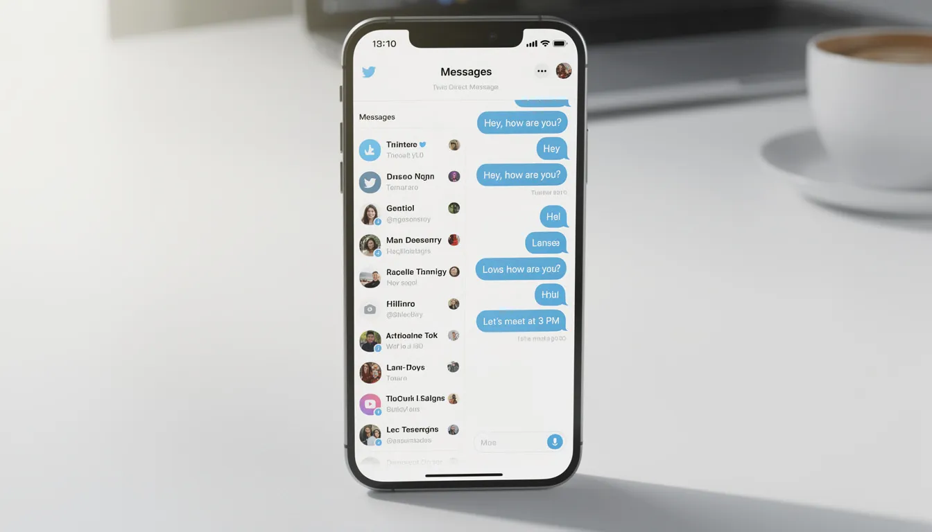 The image shows a smartphone displaying the Twitter direct message interface, featuring the messages tab with a list of private conversations and the new message icon. Users can tap the envelope icon to send direct messages or access message requests from other Twitter users.