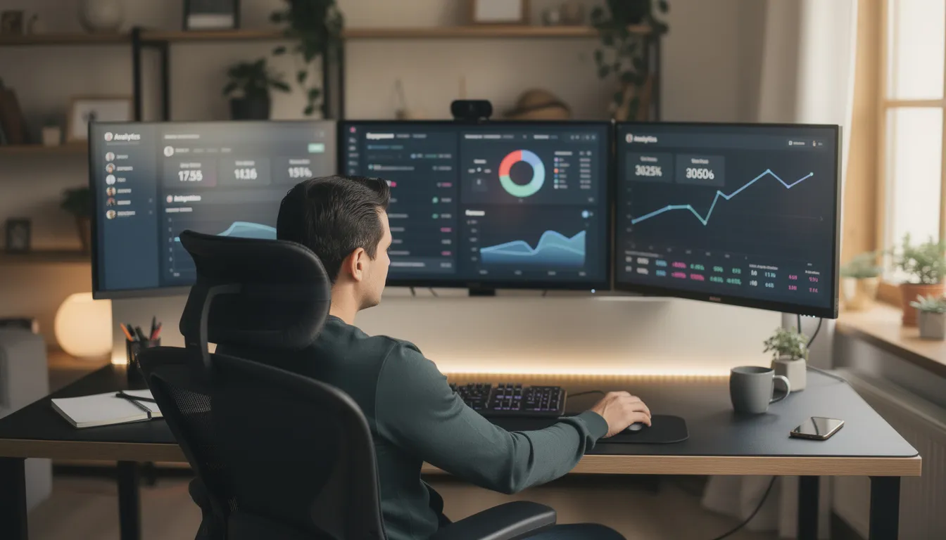 A professional content creator is seated at a desk surrounded by multiple monitors displaying social media analytics and revenue dashboards, including metrics on ad revenue generated from sponsored posts. The setup emphasizes the importance of engaging content and consistent posting for maximizing earnings on social media platforms like Twitter.