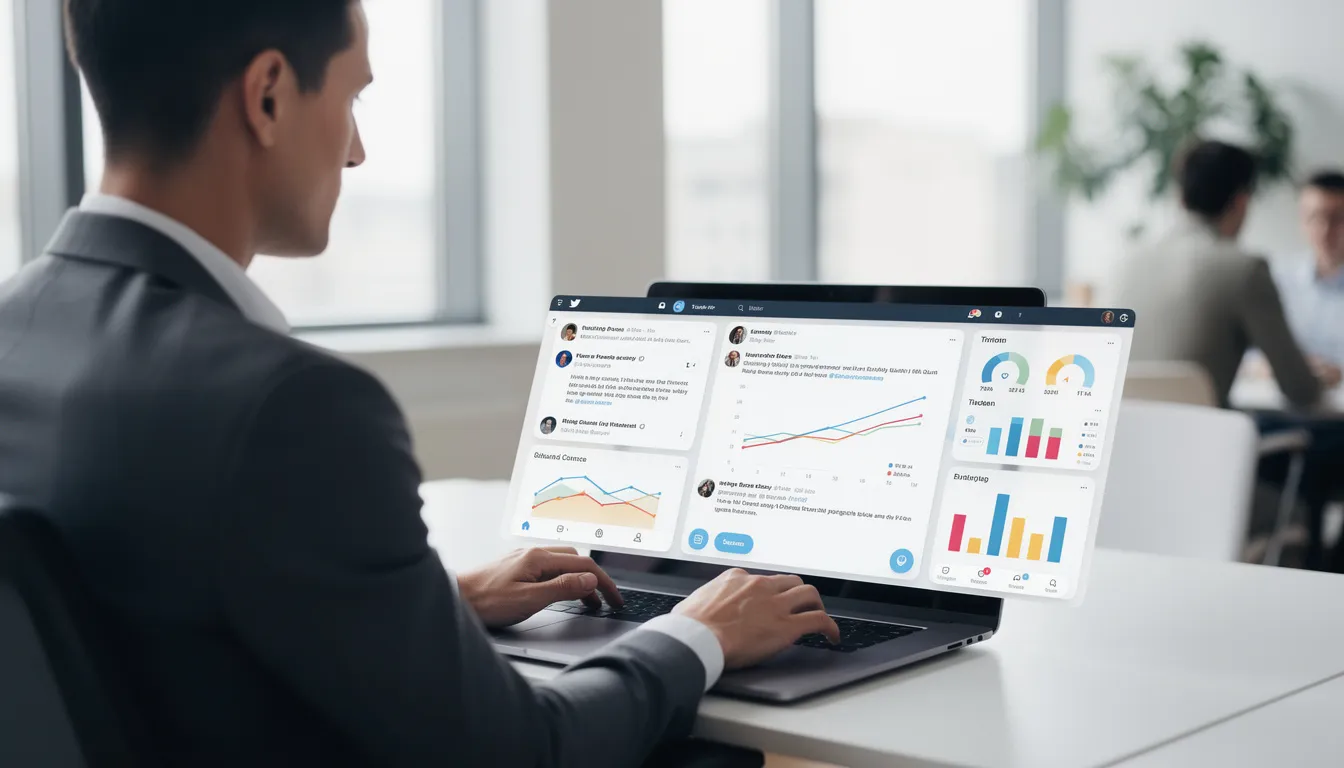 A professional individual is seated at a desk, focused on their laptop, where marketing charts and analytics related to digital marketing are displayed on the screen. The scene captures the essence of social media marketing, highlighting the importance of strategies for online businesses and the role of marketing influencers on Twitter.