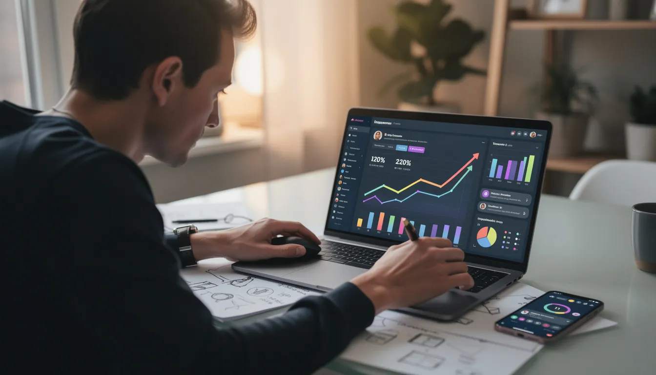A content creator is focused on their laptop screen, analyzing engagement metrics that display growth charts and social media notifications. This scene highlights the importance of social media marketing and monetization tools for making money on Twitter, as they track their follower count and ad revenue generated from engaging content.