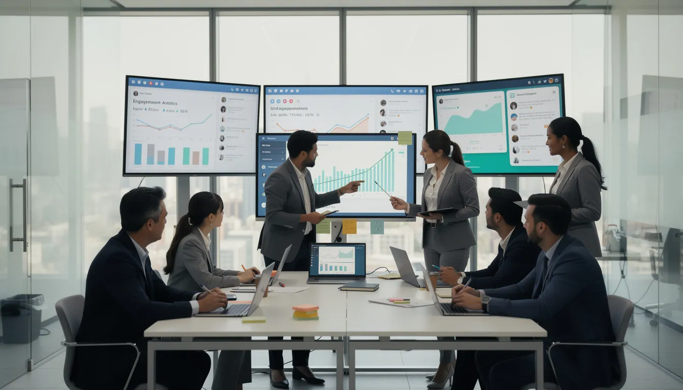 In a modern office, business professionals are intently monitoring social media engagement across multiple screens, analyzing key metrics and trending conversations on platforms like Twitter to enhance their marketing strategy. They focus on driving audience engagement and brand awareness through effective Twitter marketing campaigns and real-time analytics tools.