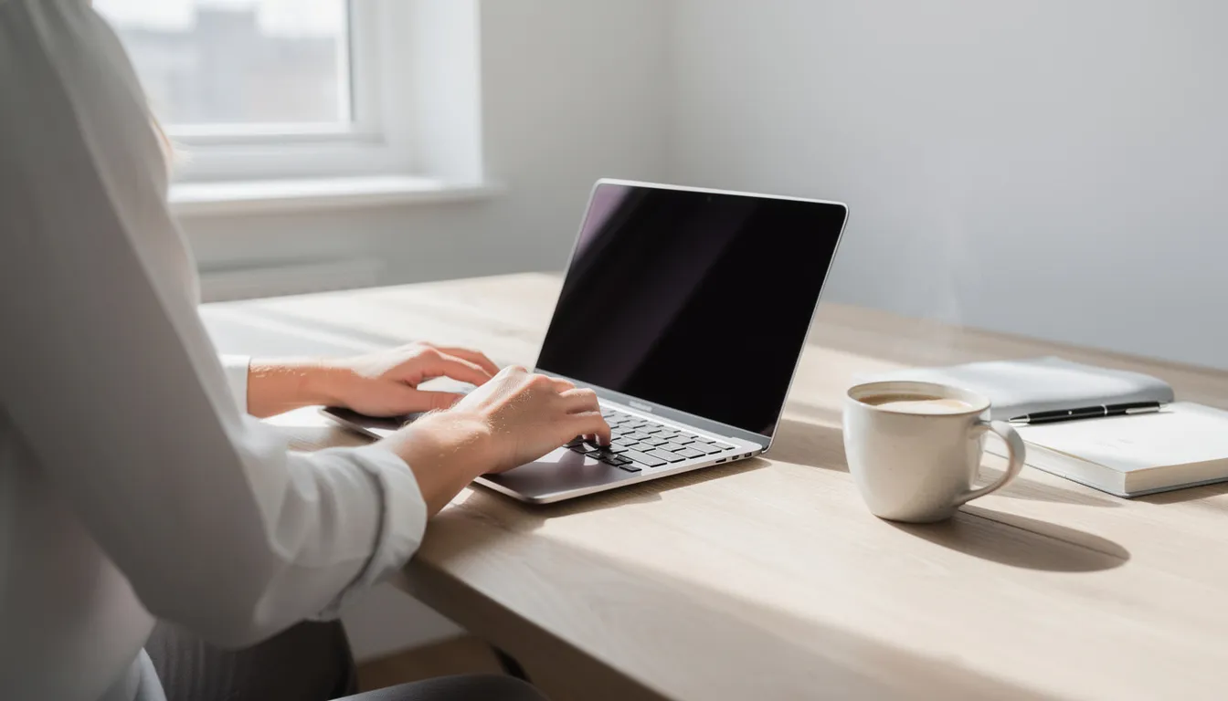 A person is focused on typing on a laptop in a bright and airy workspace, with a steaming cup of coffee beside them, suggesting a productive atmosphere for creating engaging content for their social media platforms like Twitter. The scene evokes a sense of routine and dedication, ideal for someone looking to increase their Twitter followers and enhance their brand presence.
