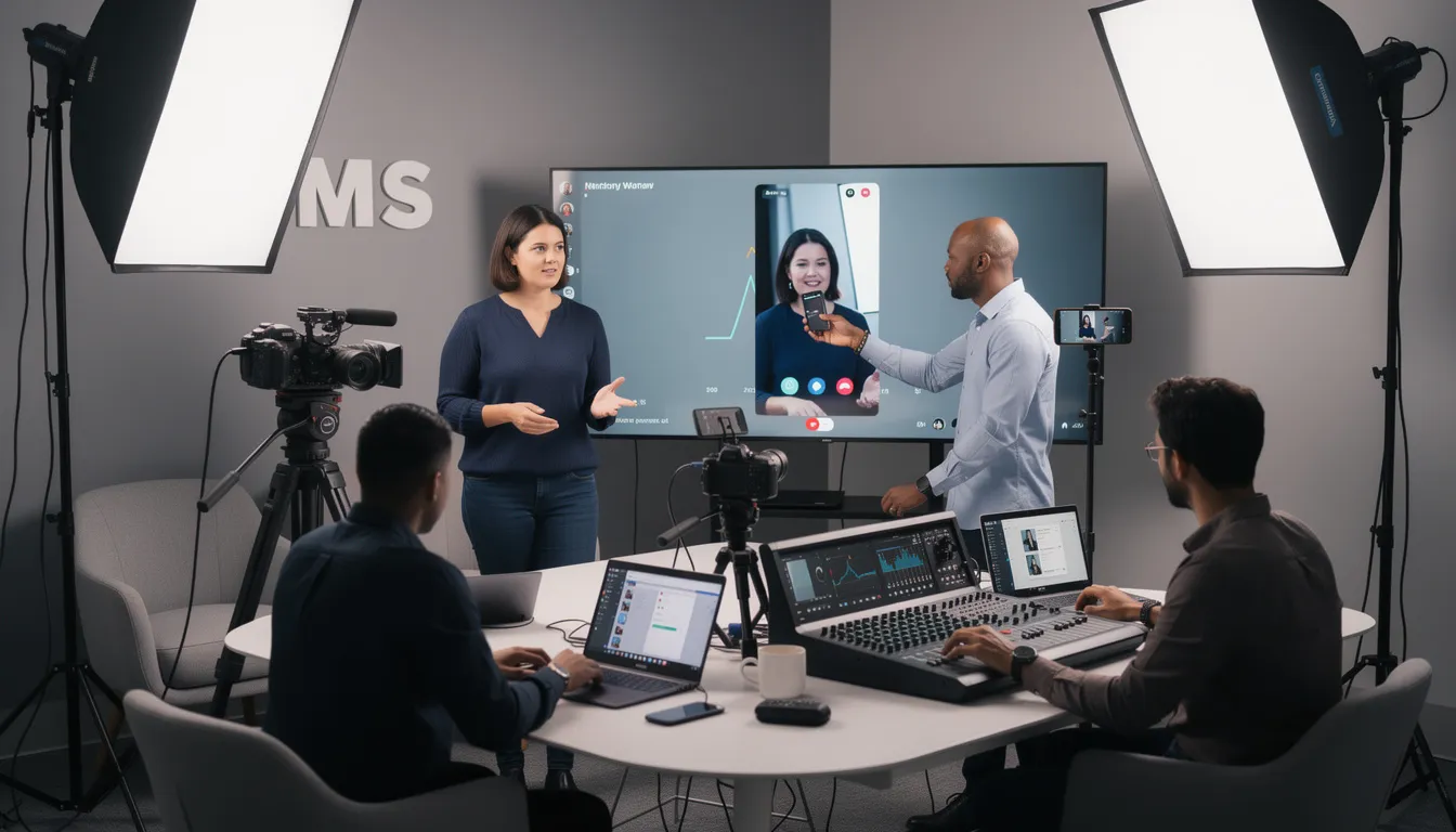 In a modern studio setting, professionals collaborate to create engaging video content for social media marketing campaigns, focusing on strategies to enhance brand awareness and drive audience engagement across various platforms, including Twitter. The scene reflects a dynamic environment where digital marketing efforts are tailored to capture the attention of target audiences and leverage trending conversations.