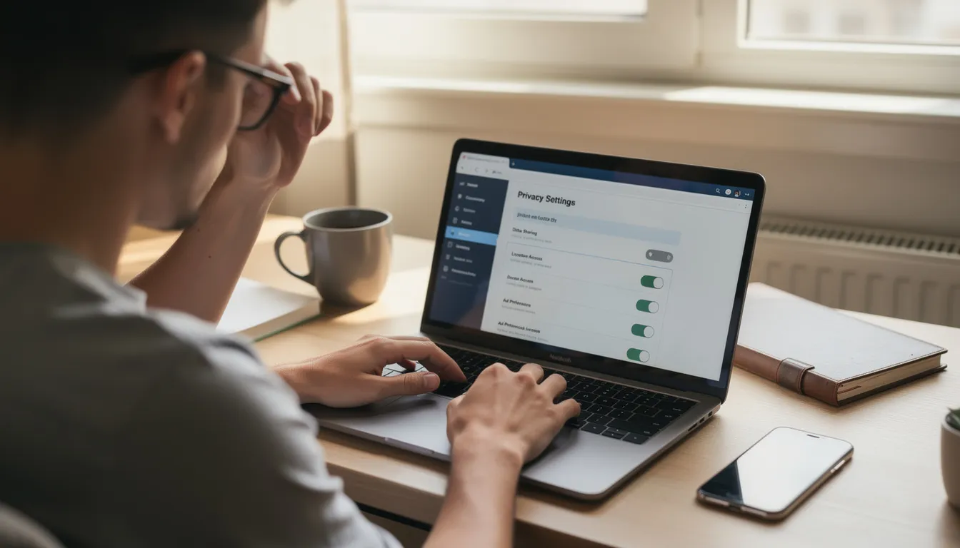 A person is sitting at a laptop, focused on reviewing their privacy settings, which may include options for managing direct messages, such as disabling read receipts or adjusting message requests. The screen displays various settings related to their Twitter account, emphasizing the importance of privacy and safety in online communication.
