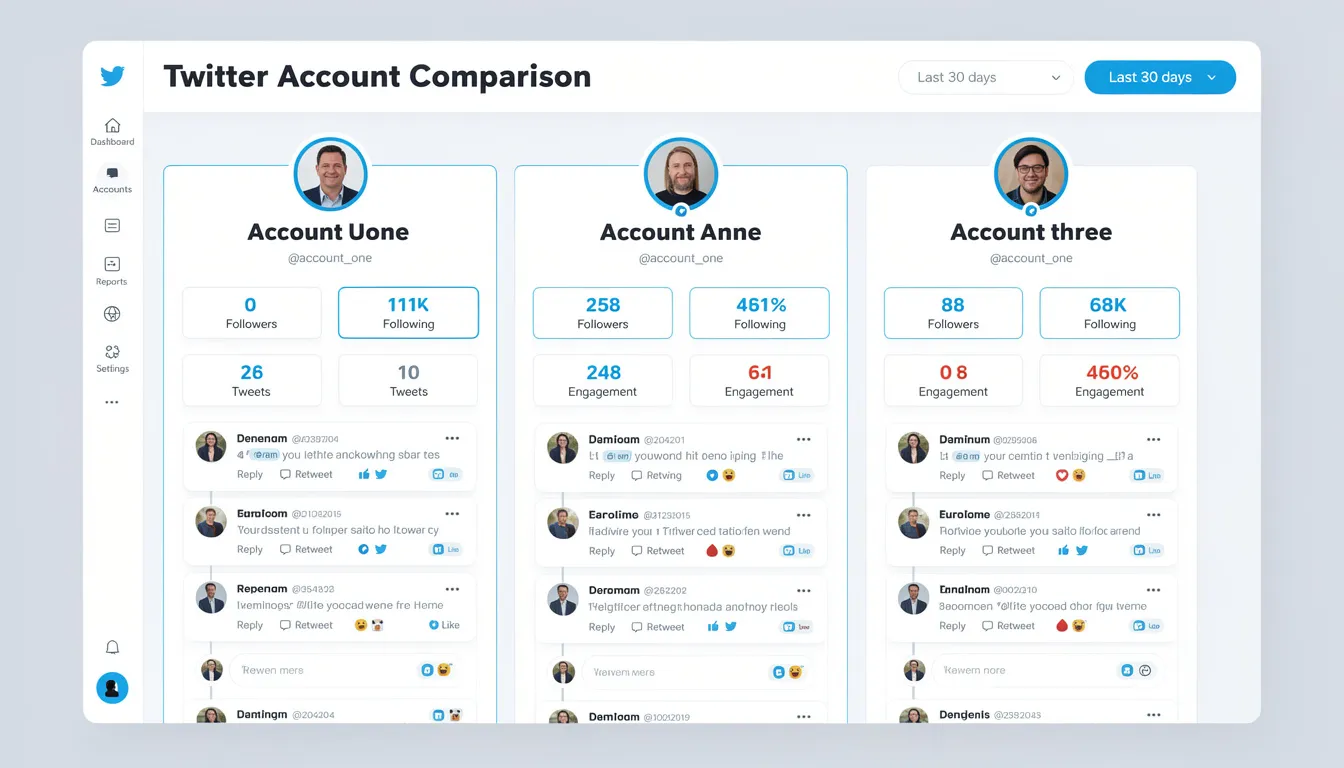 The image displays a comparison dashboard showcasing multiple Twitter accounts side by side, highlighting their follower counts, engagement metrics, and analytics. This user-friendly tool provides valuable insights into each account's performance, allowing users to track Twitter followers and identify trends among their social media profiles.
