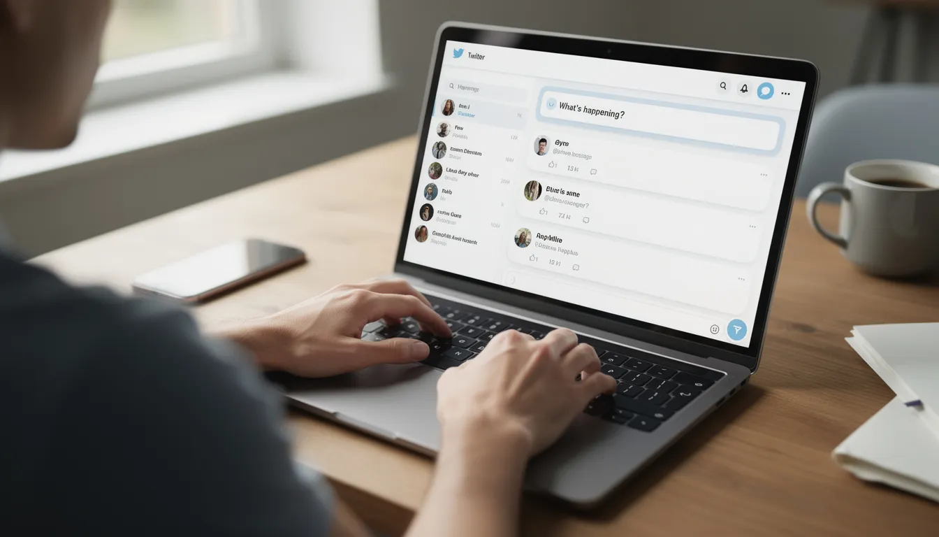 The image depicts a person's hands typing on a laptop, with the Twitter interface visible on the screen, showcasing tweets, follower counts, and trending topics. This scene highlights the engagement and interaction that users have on the social media platform, emphasizing the importance of creating great content to grow followers and boost social media presence.