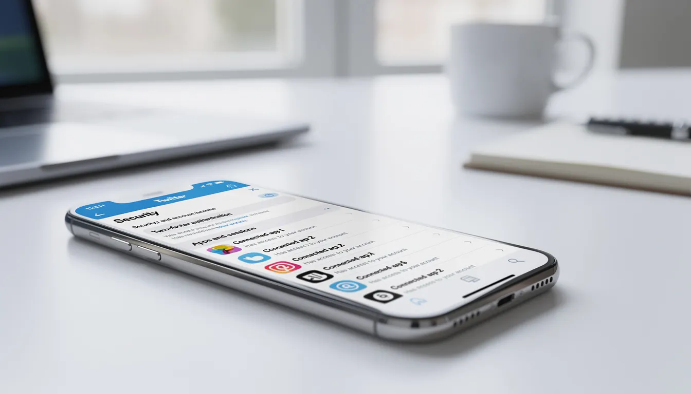 The image features a mobile phone displaying the Twitter security settings menu, highlighting connected apps and account management options. This interface allows users to manage their Twitter account's security, track followers, and analyze follower statistics for better insights into their social media presence.