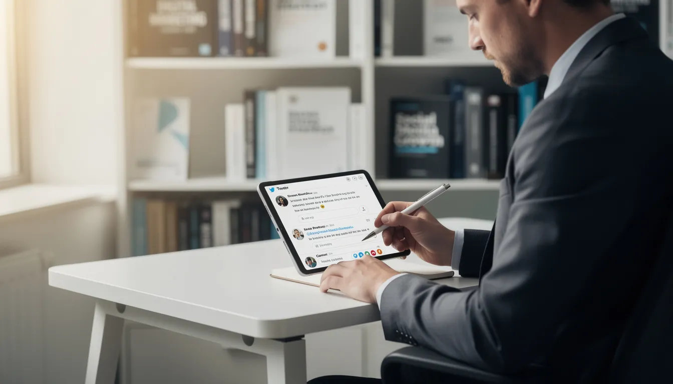A marketing professional is taking notes while viewing their Twitter feed on a tablet, surrounded by various marketing books in the background. This scene captures the essence of digital marketing and social media marketing, showcasing the importance of staying informed about industry trends and marketing strategies.