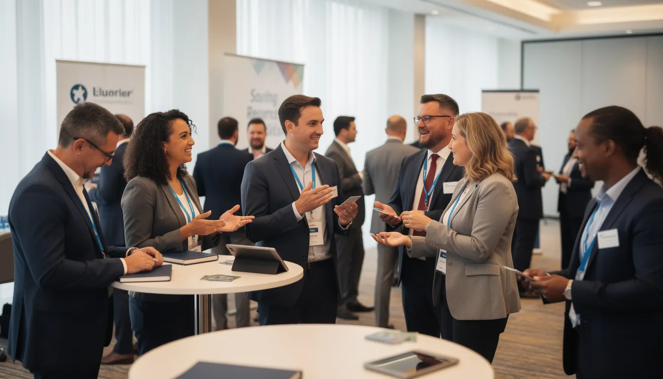 The image depicts a professional networking event where diverse individuals are engaged in animated discussions, exchanging ideas and insights. Attendees are likely exploring valuable connections, similar to how one might search for followers or accounts on Twitter to expand their professional community.