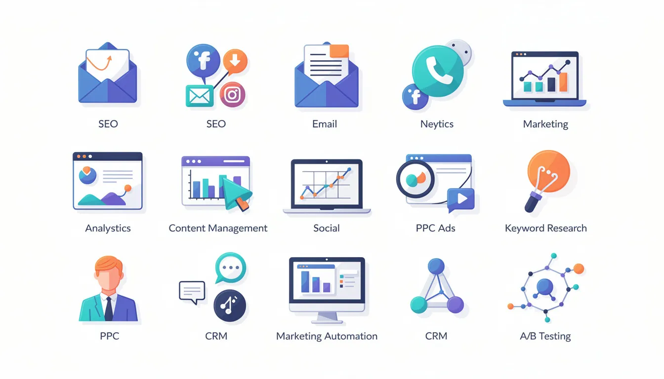The image displays a collection of digital marketing tools and software icons, symbolizing various strategies for enhancing a brand's presence on social media platforms like Twitter. These icons represent essential elements of a successful Twitter marketing strategy, aimed at engaging the target audience and boosting customer engagement.