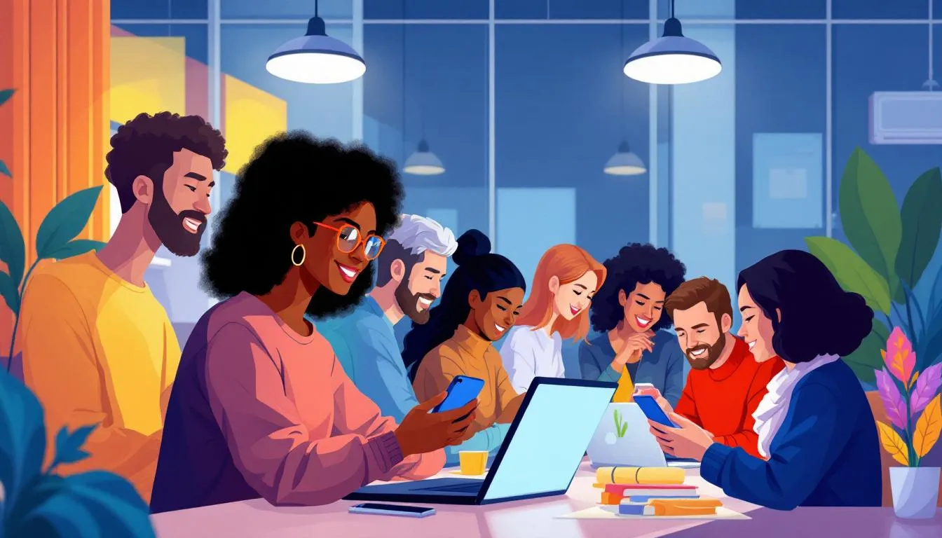 An illustration showing a diverse group of people engaging with Twitter on their devices, representing targeted twitter followers.
