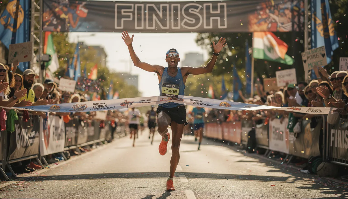 A marathon runner is joyfully crossing the finish line, surrounded by a cheering crowd celebrating their achievement. This vibrant scene captures the excitement of real life, similar to how engaging content can attract more followers on social media platforms like Twitter.