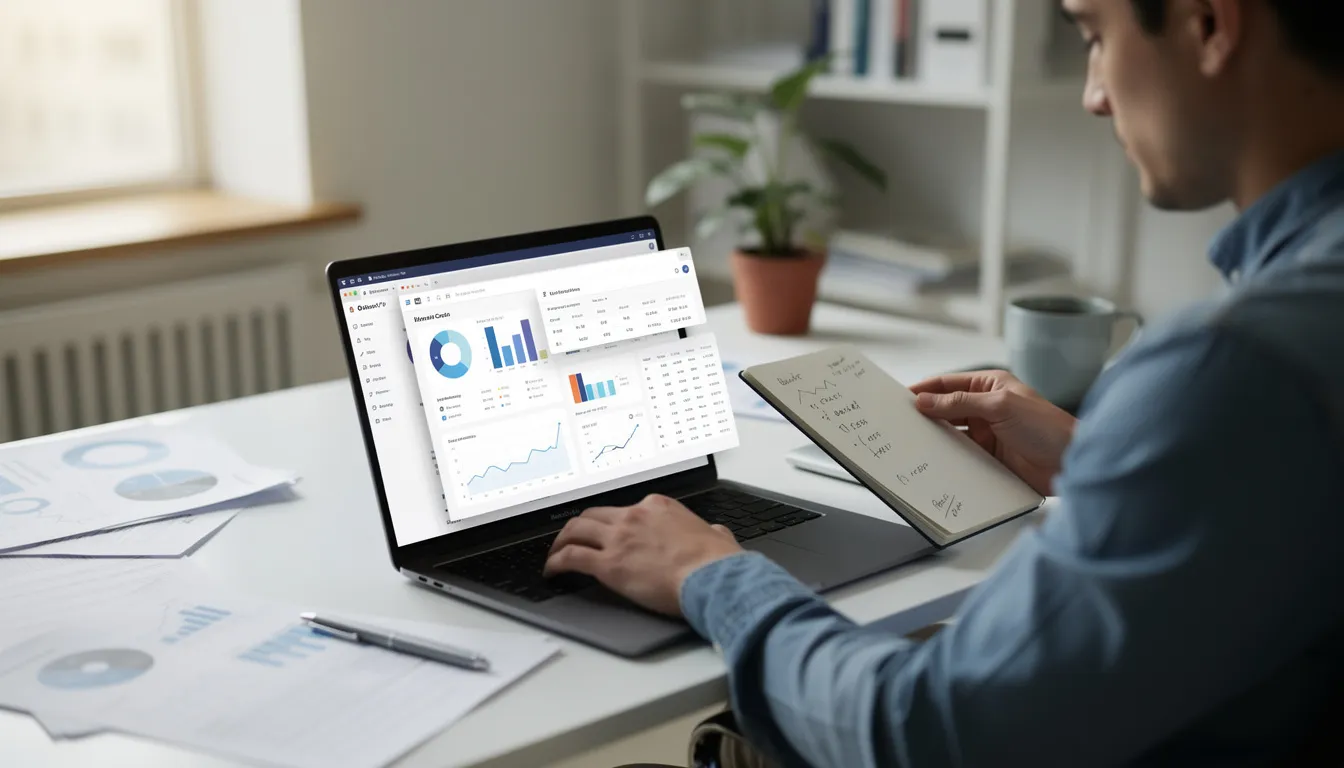 A person is focused on researching data on a laptop, with multiple browser tabs open displaying various Twitter accounts and search results for analyzing followers. The scene suggests an in-depth exploration of engagement metrics and potential customers within the Twitter community.