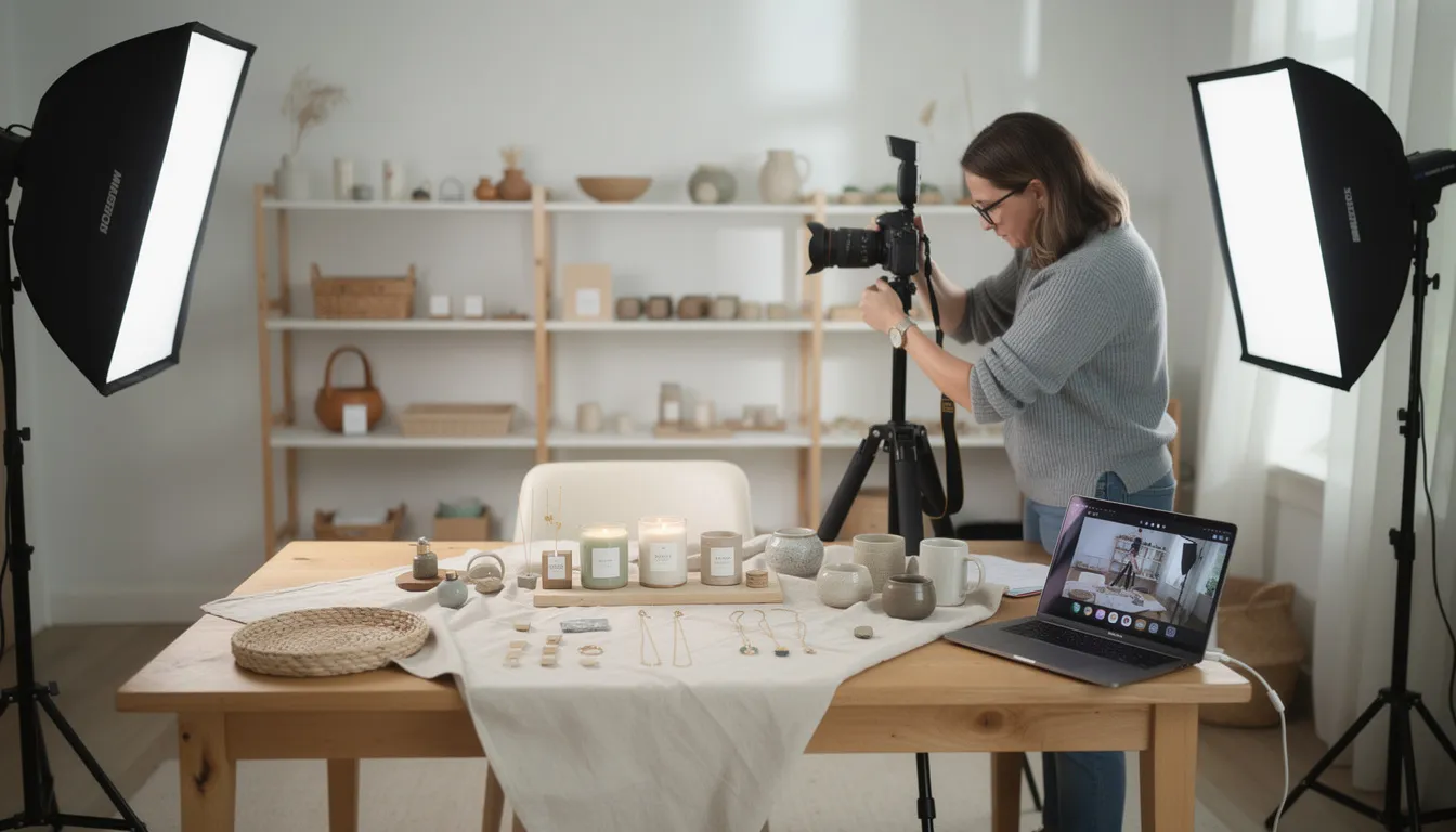 A small business owner is capturing photos of their handmade products, utilizing a professional lighting setup for optimal social media marketing. This setup aims to enhance the quality of sponsored posts and engaging content, helping to grow their loyal audience and increase ad revenue generated through platforms like Twitter.