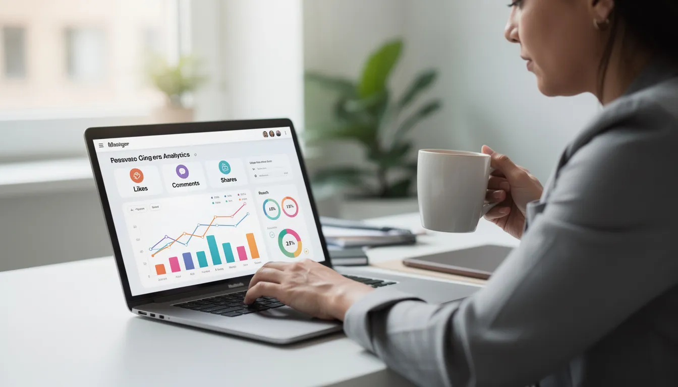A social media manager is focused on their laptop, analyzing engagement analytics with various metrics displayed on the screen, including data related to posts and user interactions on platforms like Twitter. The scene reflects the use of advanced tools and features for managing direct messages, posting limits, and API access to enhance their social media strategy.