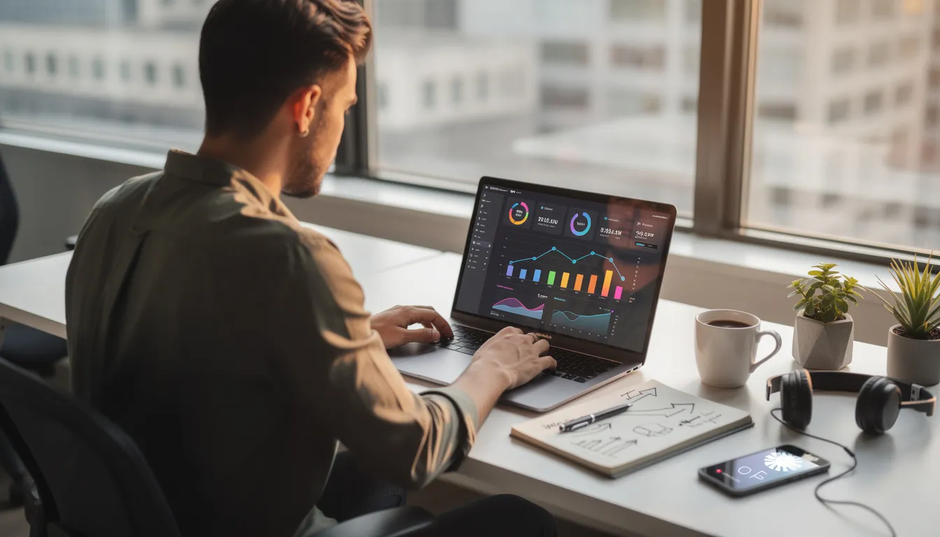 A person is seated at a desk, intently reviewing social media analytics on their laptop, focusing on engagement metrics and strategies to boost their Twitter presence. The screen displays key data on follower growth, engagement rates, and trending hashtags, highlighting their efforts to create compelling tweets and connect with their target audience.