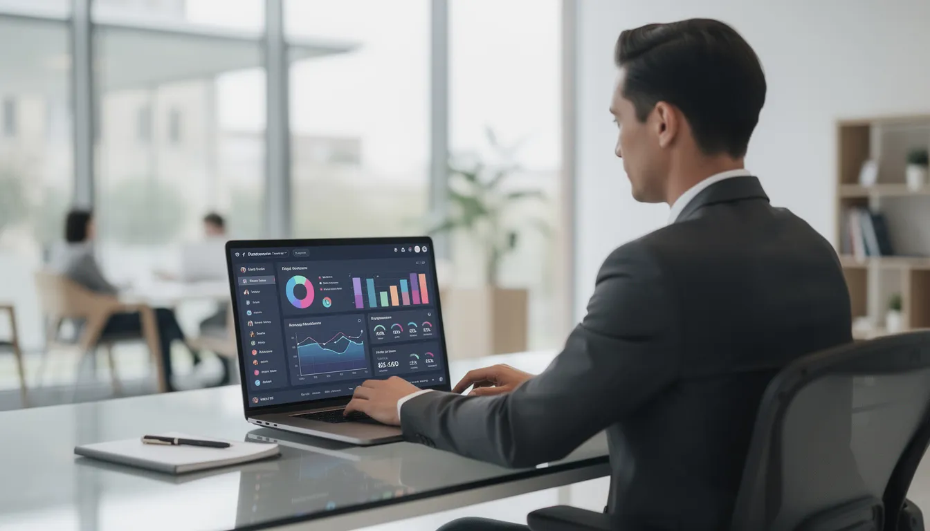 A person is seated at a modern office desk, focused on a laptop screen displaying social media analytics related to their Twitter account, including metrics like new followers and inactive accounts. The environment suggests a workspace designed for social media managers, highlighting the importance of tracking unfollowers and managing engagement effectively.