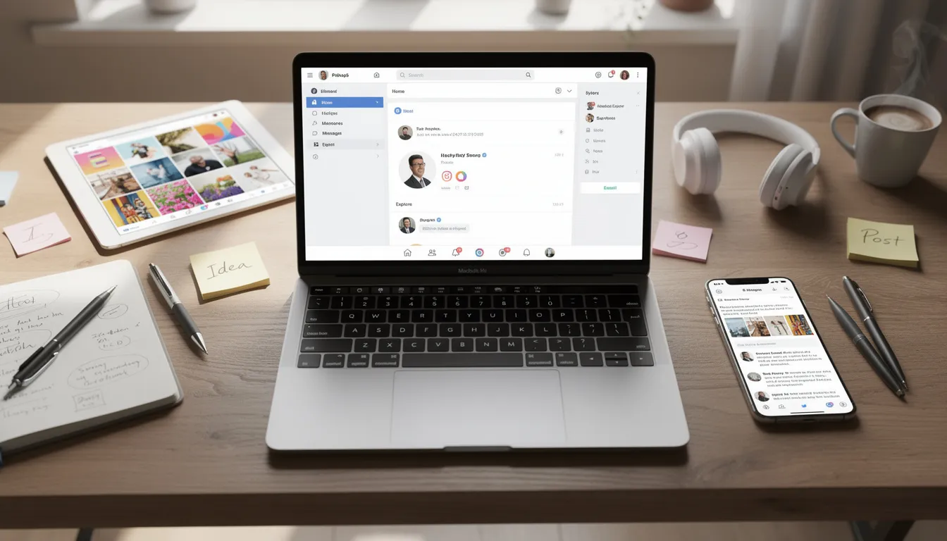 The image depicts a creative workspace featuring a laptop, tablet, and phone, all displaying various social media interfaces, including meme generator tools. The devices are arranged neatly, showcasing different aspects of online content creation, such as custom images and meme templates.