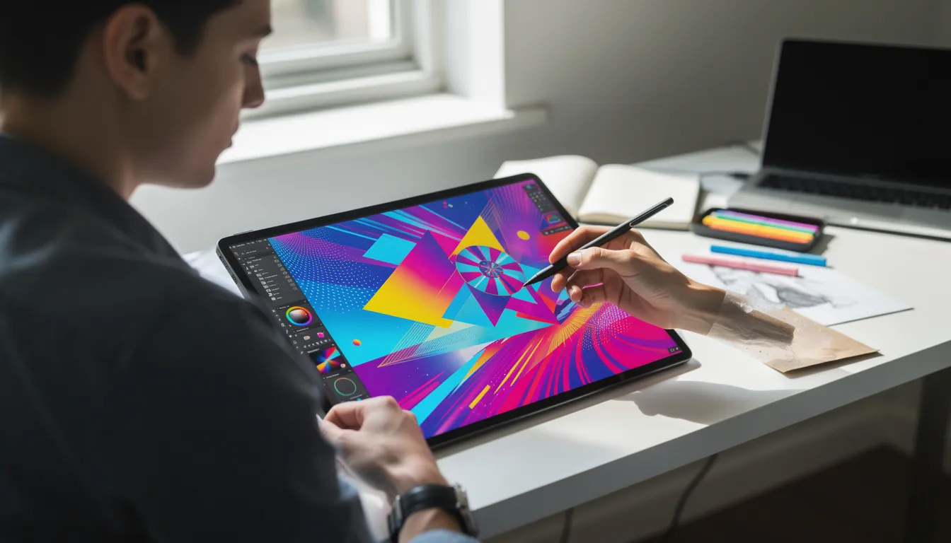 A person is focused on creating vibrant digital graphics on a tablet, surrounded by colorful design elements that inspire creativity. This engaging scene highlights the importance of visual content in digital marketing and social media posts, aimed at capturing the audience's attention.
