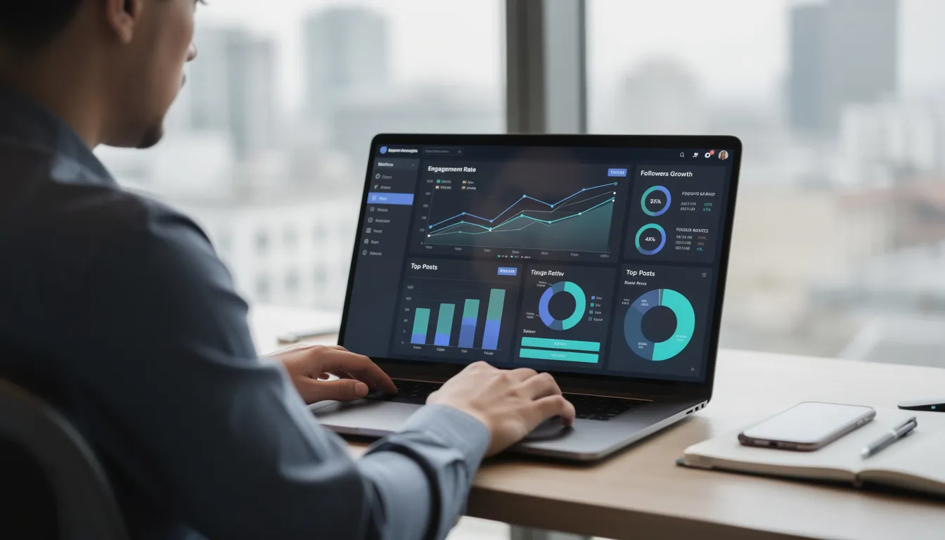 A person is focused on analyzing social media metrics on their laptop, where various graphs and charts display data related to Twitter users, including total interactions, retweets, and engagement levels. The screen highlights key metrics that help strategize content creation and audience engagement.