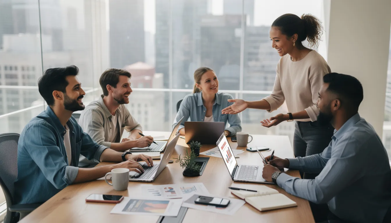 A marketing team is collaborating around a table, engaged in discussion while using laptops and phones to strategize their next project. They are likely exploring new features and tools related to their Twitter developer account to enhance their community engagement and optimize their posts.