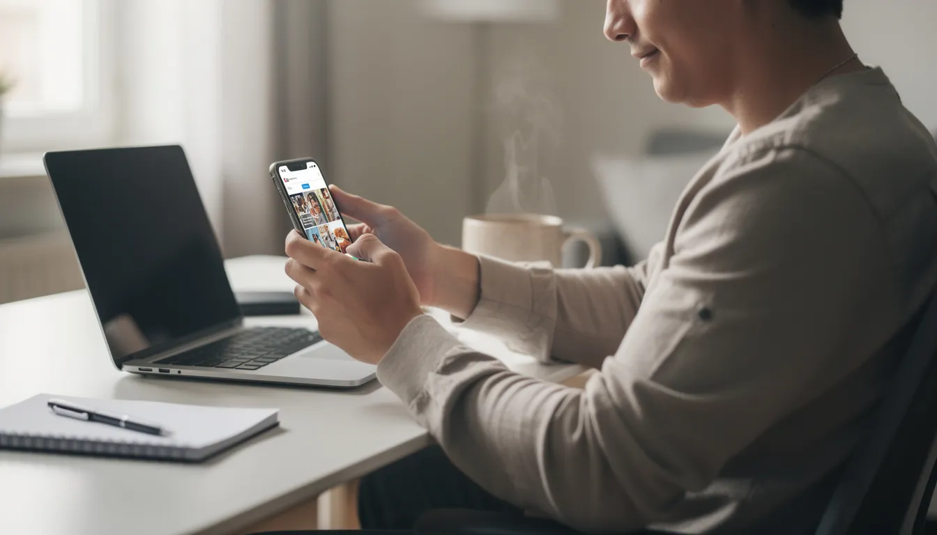 A person is sitting at a desk, scrolling through social media on their smartphone while enjoying a cup of coffee. The scene captures the essence of digital marketing and customer engagement as they explore various social media platforms, likely looking for engaging tweets and trending topics to share with their audience.