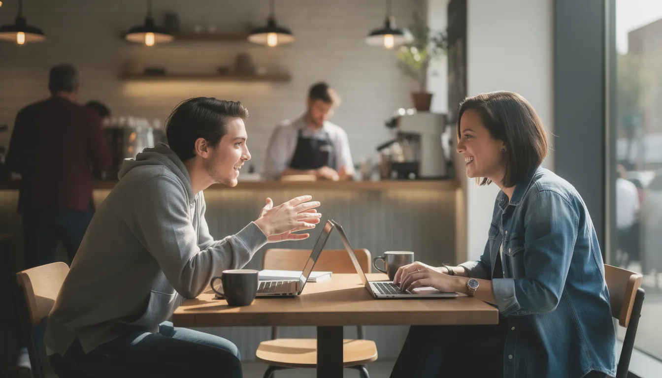 In a cozy coffee shop, two individuals are engaged in an animated conversation while their laptops are open, suggesting they might be discussing strategies for growing their Twitter accounts or enhancing user engagement on social media platforms. The lively atmosphere reflects a scene of collaboration and the exchange of valuable insights on content creation and follower growth.