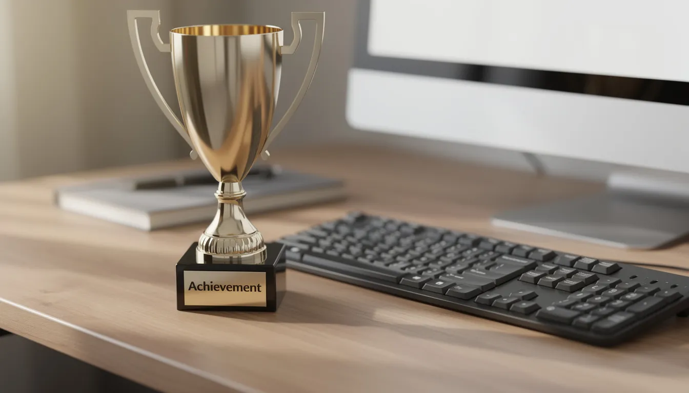 A shiny trophy sits on a desk beside a computer keyboard, symbolizing achievement and success in creating engaging projects on Scratch. This image represents the rewards of hard work and dedication in the Scratch community, inspiring users to explore and share their own animations and ideas.