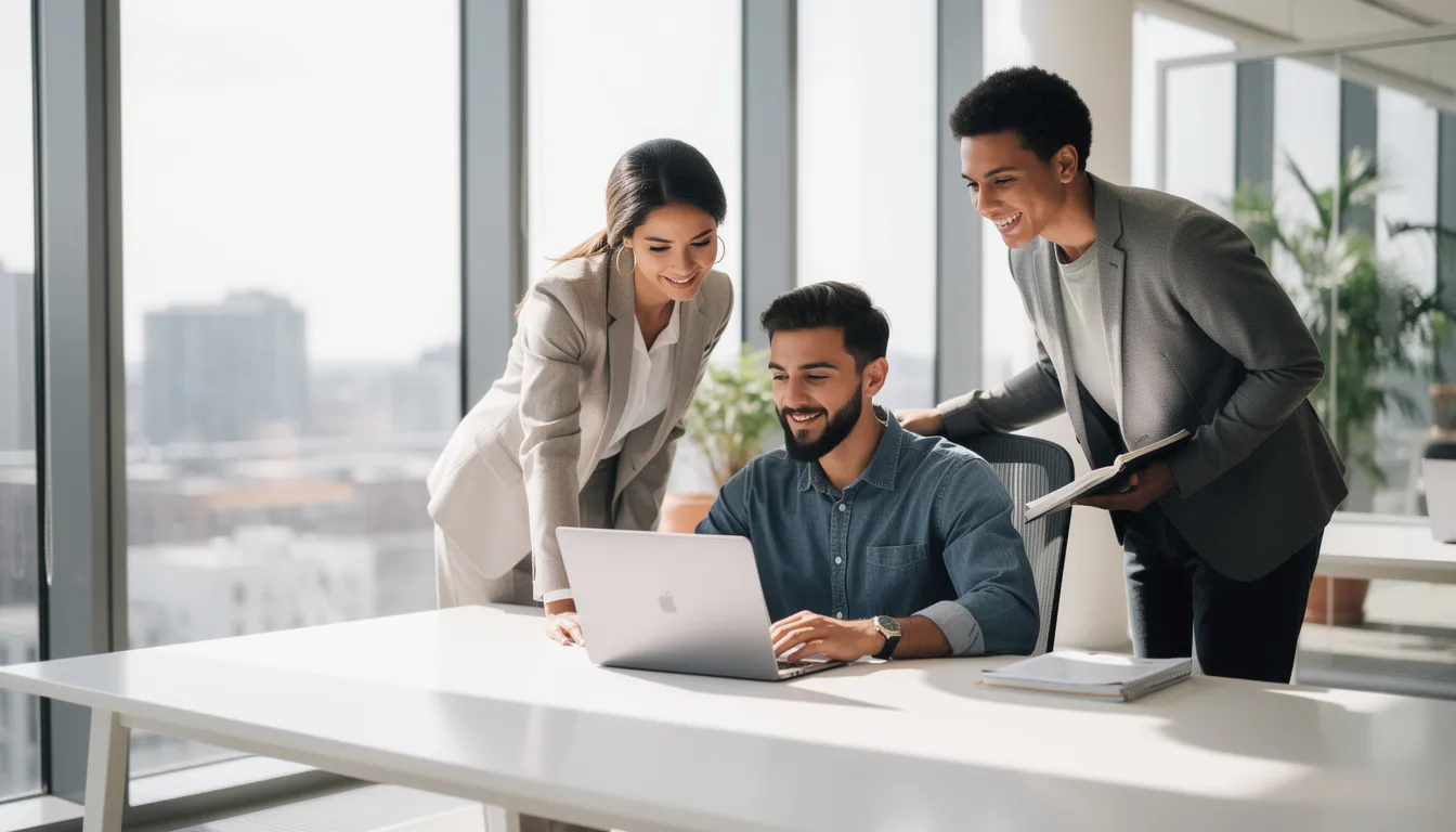 A diverse team of three individuals is collaborating around a laptop in a bright office, discussing ideas and strategies for enhancing their social media presence. They appear engaged and focused, utilizing technology to optimize engagement and create high-quality tweets for their target audience.