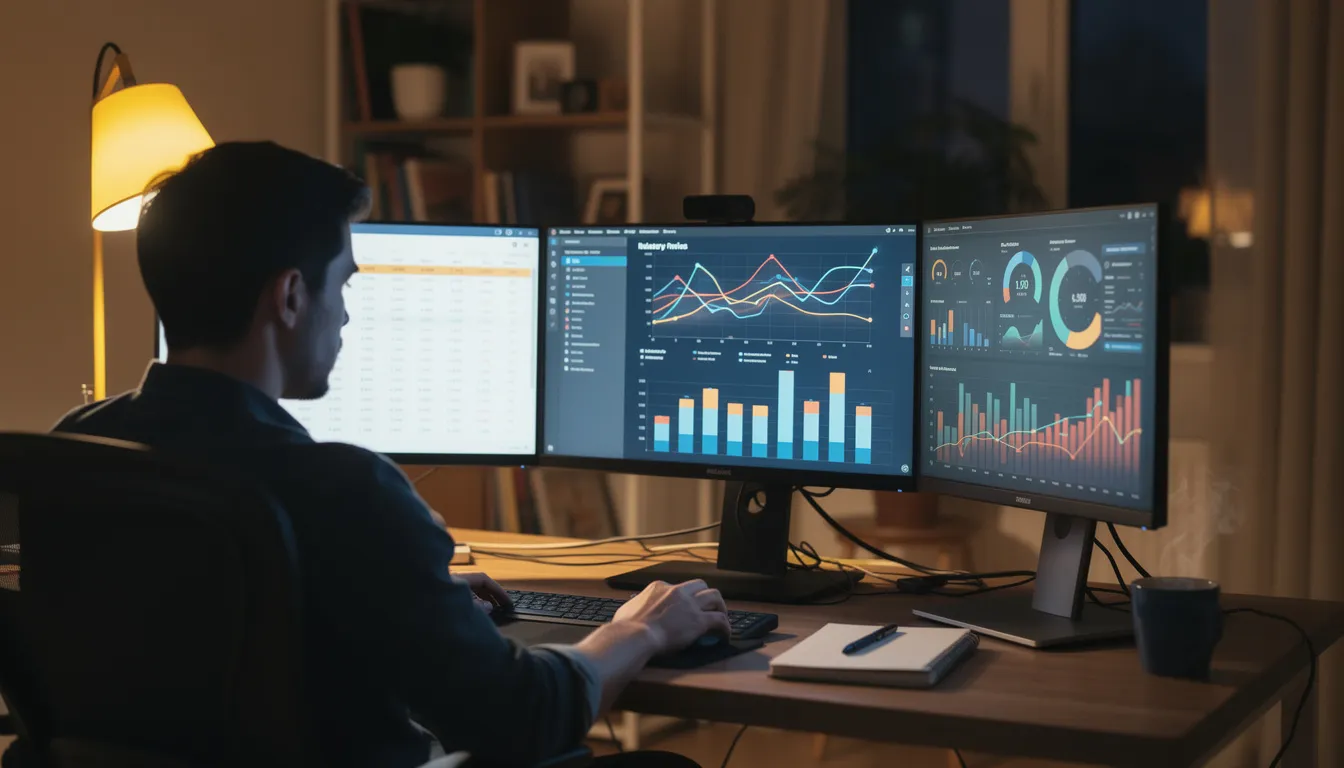 A person is focused on analyzing data across multiple computer screens in a well-organized home office, utilizing various social media management tools to track their Twitter analytics and gain valuable insights into user engagement and follower growth. The scene highlights the importance of content strategy and engagement strategies for effectively reaching their target audience on social media platforms.