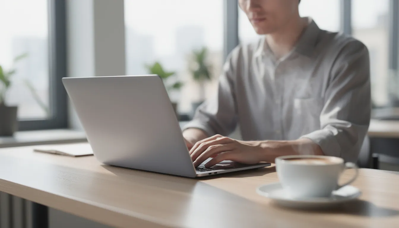 A person is focused on their laptop in a modern workspace, with a coffee cup nearby, illustrating a productive environment for content creation and social media engagement. The scene captures the essence of using AI technology and tools to generate high-quality tweets and optimize engagement on social media platforms.