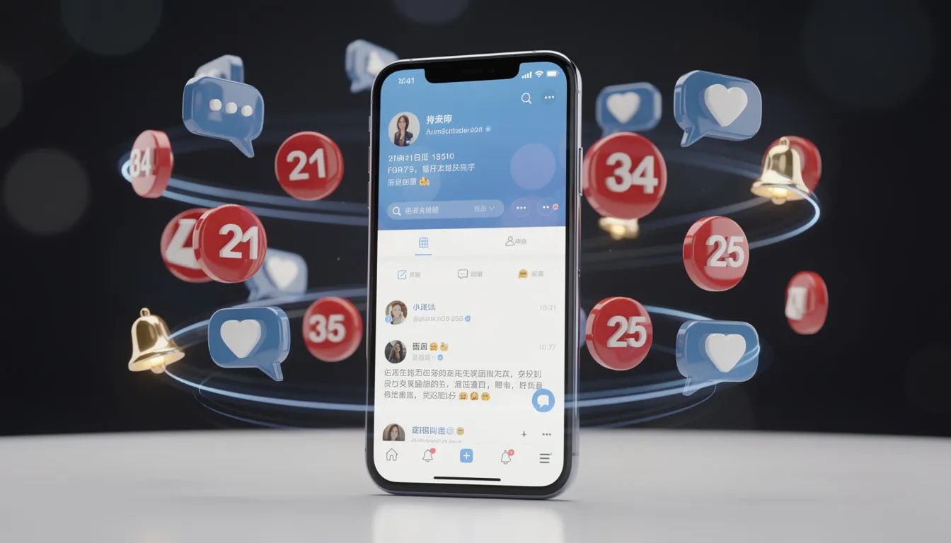 A smartphone screen showcases a social media app with various notification icons floating around it, symbolizing twitter engagement and interaction. The image reflects the fast-paced world of social media, highlighting the importance of consistent engagement and meaningful conversations with the target audience.